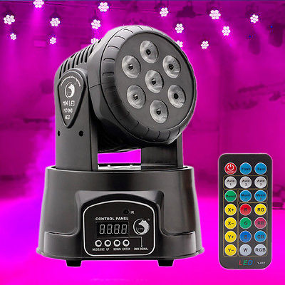 7 x 10 watt mini LED moving head with remote control. www.compactdiscohire.com